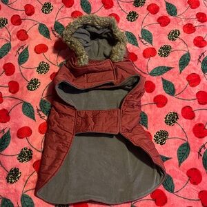 Eddie Bauer Rust Red Quilted Dog Coat with Faux Fur Hood